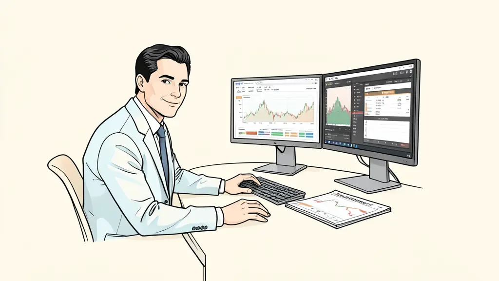 Professional futures trader comparing five evaluation rulebooks beside a multi-monitor trading desk, with a risk worksheet and market depth screen visible