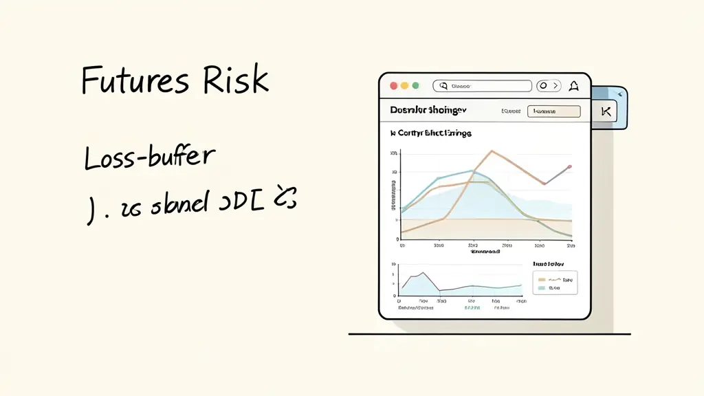 Close-up of a futures risk dashboard beside a handwritten loss-buffer calculation, with an intraday equity curve and contract sizing panel
