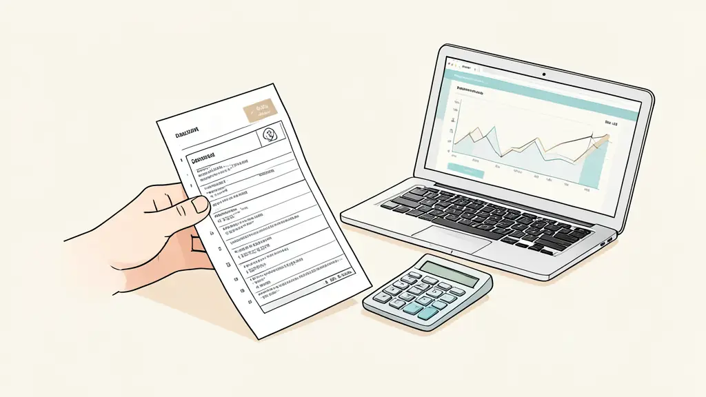 Editorial photograph of a trader comparing an evaluation checkout receipt with a drawdown worksheet, calculator beside a laptop, risk figures visible without readable text or logos