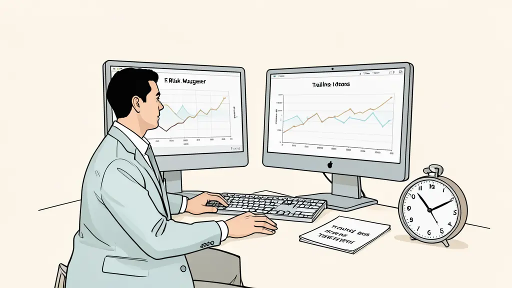 Editorial photograph of a risk manager reviewing an equity curve and trailing loss threshold on dual monitors, position-size notes and a clock on the desk, no readable text or logos