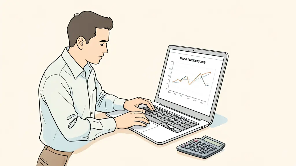 Editorial photograph of a trader reviewing three failed-attempt cost scenarios on a laptop, calculator beside the keyboard, futures chart visible without text or logos