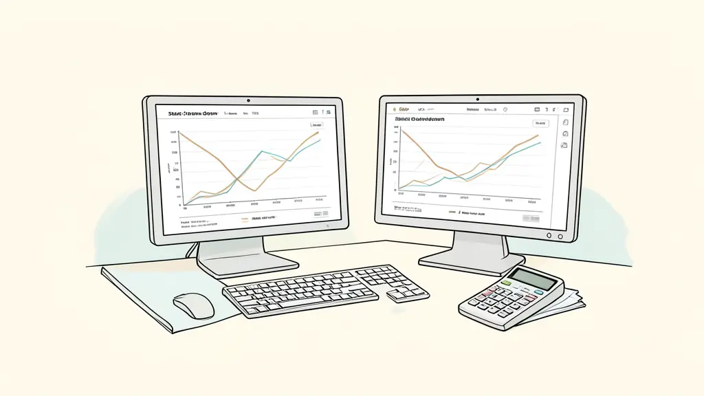 Editorial photograph of a trader comparing trailing and static drawdown curves on two monitors, rule checklist and fee calculator on the desk, no visible logos