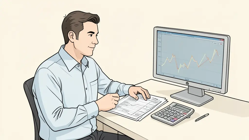 A professional trader comparing several account rule sheets beside a calculator and a trading monitor, neutral office lighting, no visible branding
